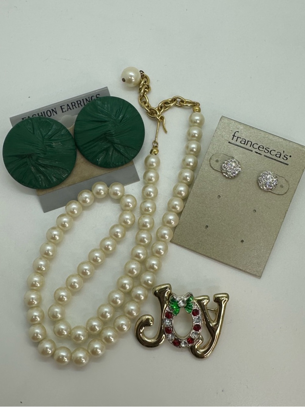 Jewelry Lot Faux Pearl Necklace Joy Brooch Green Earrings Rhinestone Studs